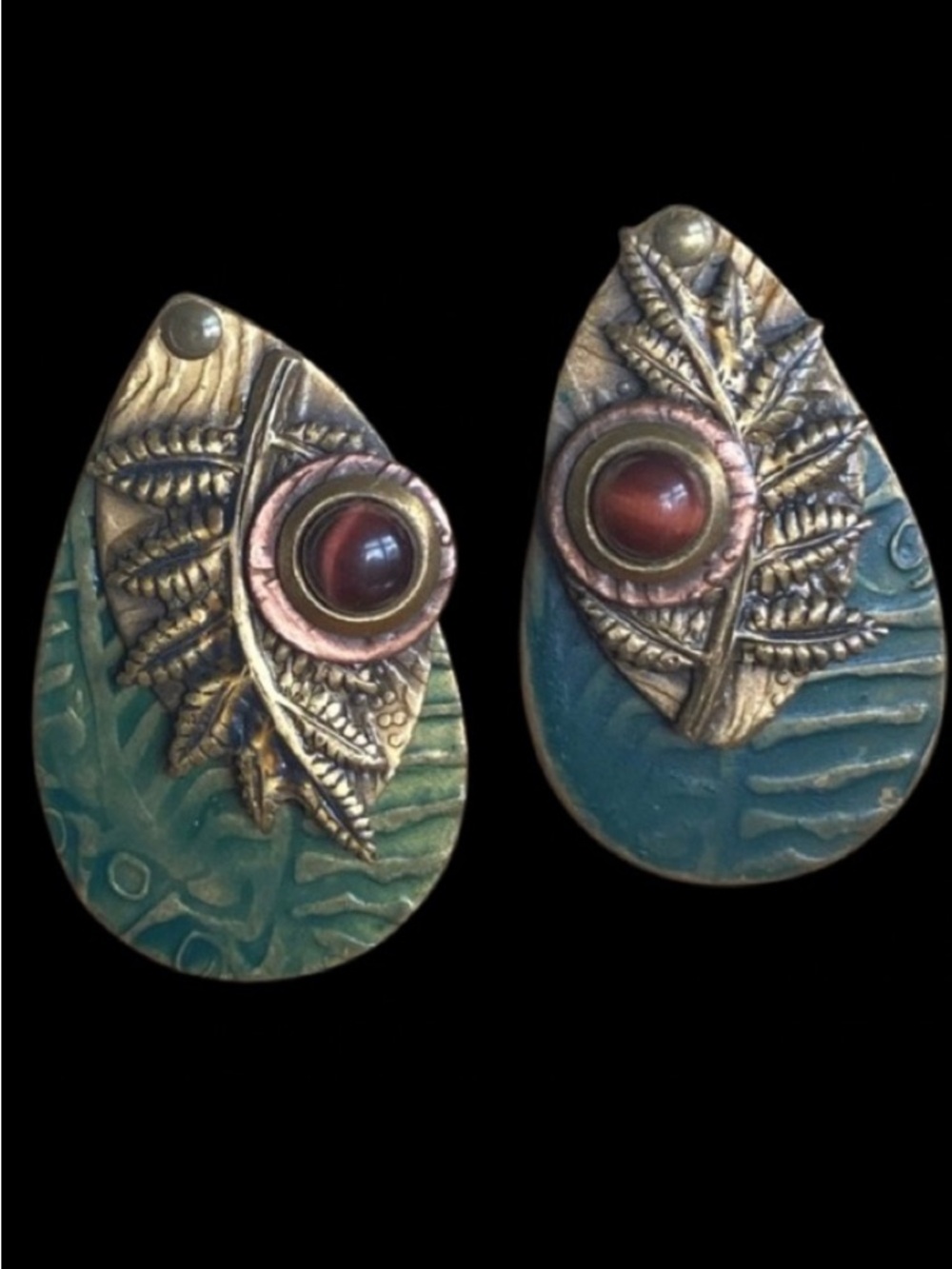 Vintage Artesian Mixed Metal Enamel Teardrop Earrings Leaf Design Clip On